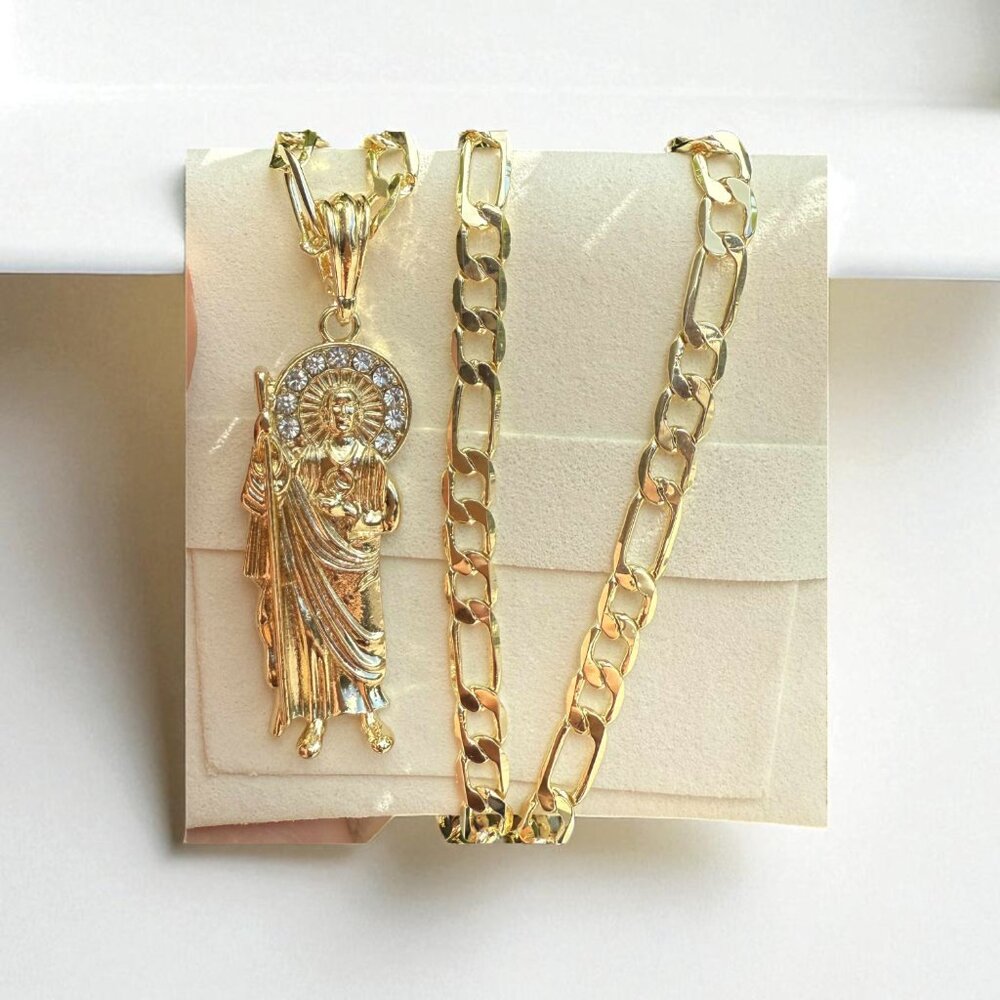 St Jude Thaddeus Pendant Necklace 14K Gold Plated Religious Figaro 20x4mm